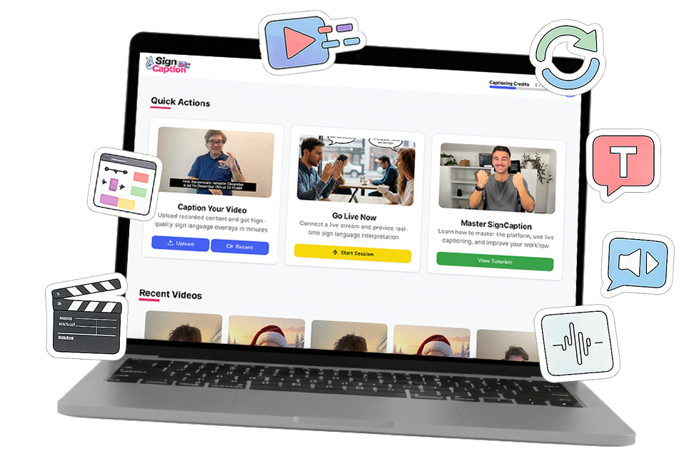 SignCaption product interface showing the manual captioning editor on a laptop